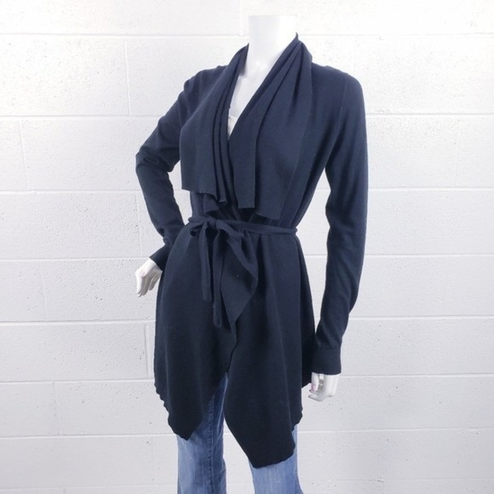 Theory Vernice Fusion Waterfall Cotton Cashmere Cardigan Long Belted Black Small
